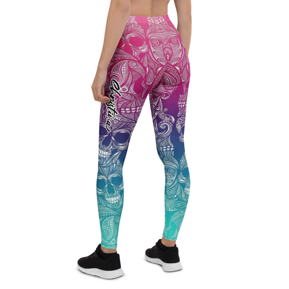 Personalisierte Damen Sportleggings Mandala Totenkopf Design Farbverlauf Pink Türkis Fitness Leggings F131