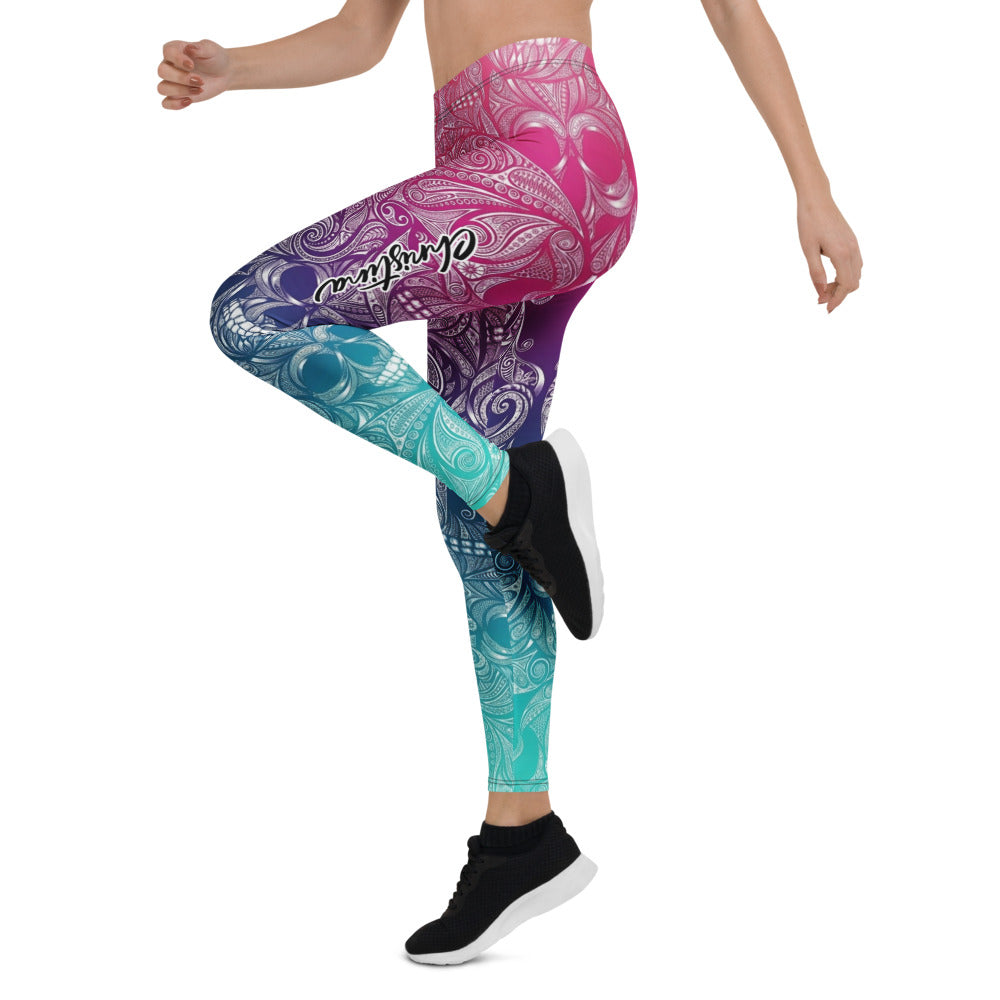 Personalisierte Damen Sportleggings Mandala Totenkopf Design Farbverlauf Pink Türkis Fitness Leggings F131