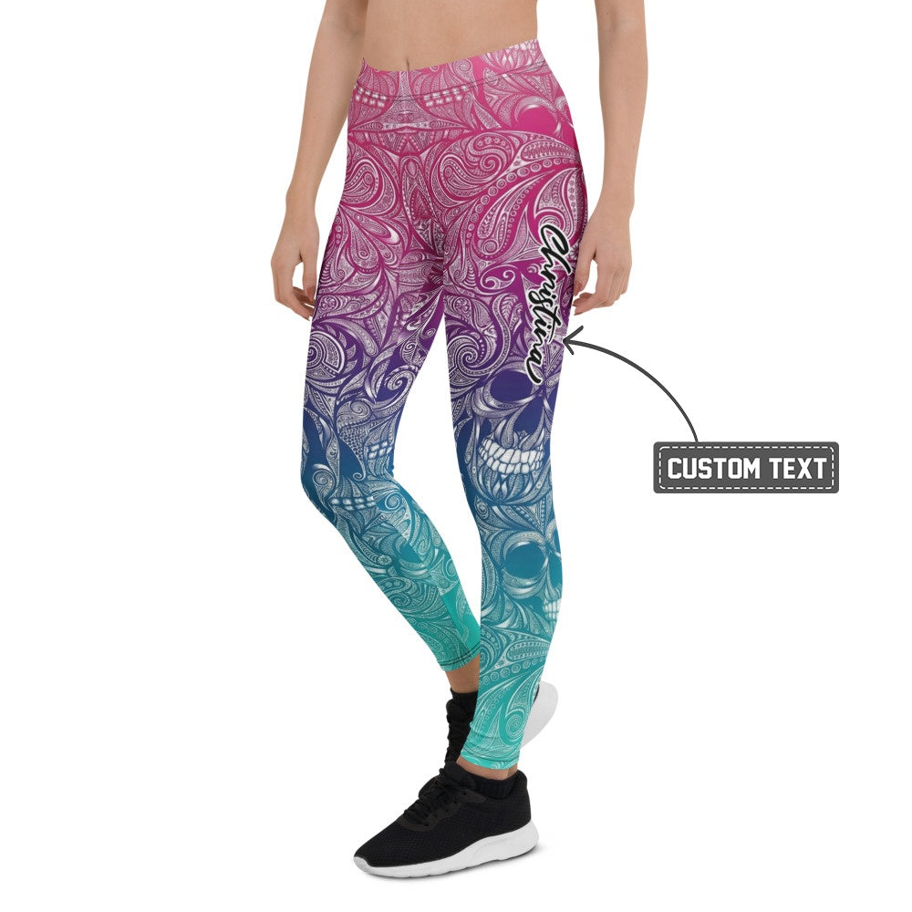 Personalisierte Damen Sportleggings Mandala Totenkopf Design Farbverlauf Pink Türkis Fitness Leggings F131 - XL