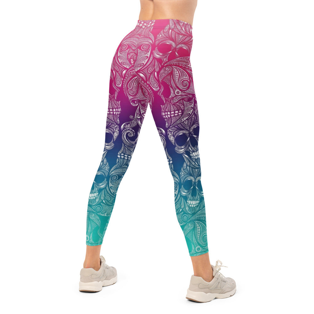 Personalisierte Damen Sportleggings Mandala Totenkopf Design Farbverlauf Pink Türkis Fitness Leggings F131