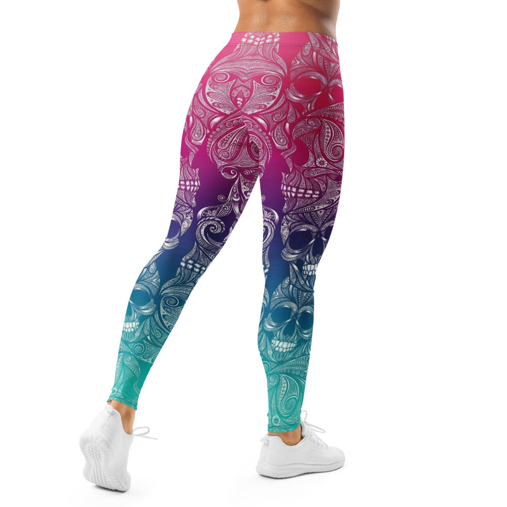 Personalisierte Damen Sportleggings Mandala Totenkopf Design Farbverlauf Pink Türkis Fitness Leggings F131