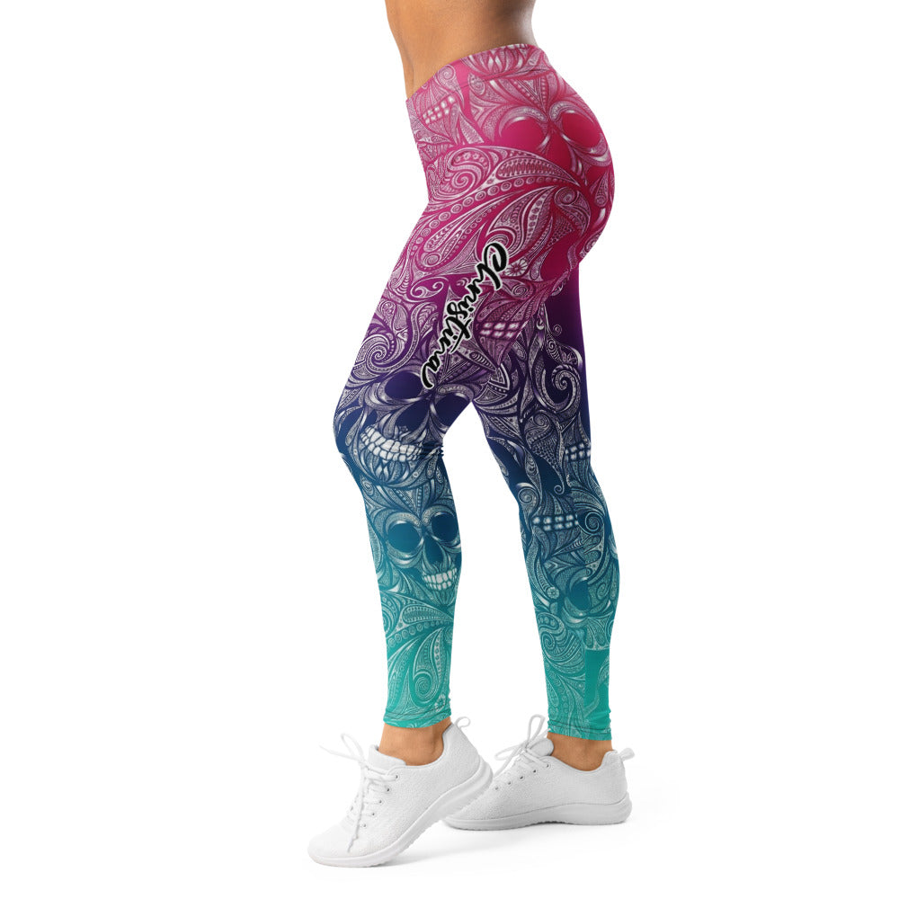 Personalisierte Damen Sportleggings Mandala Totenkopf Design Farbverlauf Pink Türkis Fitness Leggings F131