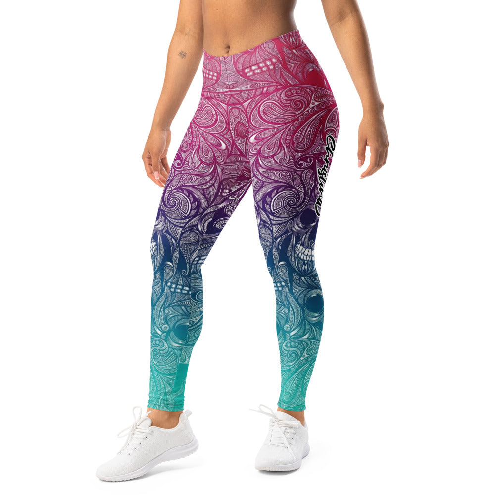Personalisierte Damen Sportleggings Mandala Totenkopf Design Farbverlauf Pink Türkis Fitness Leggings F131