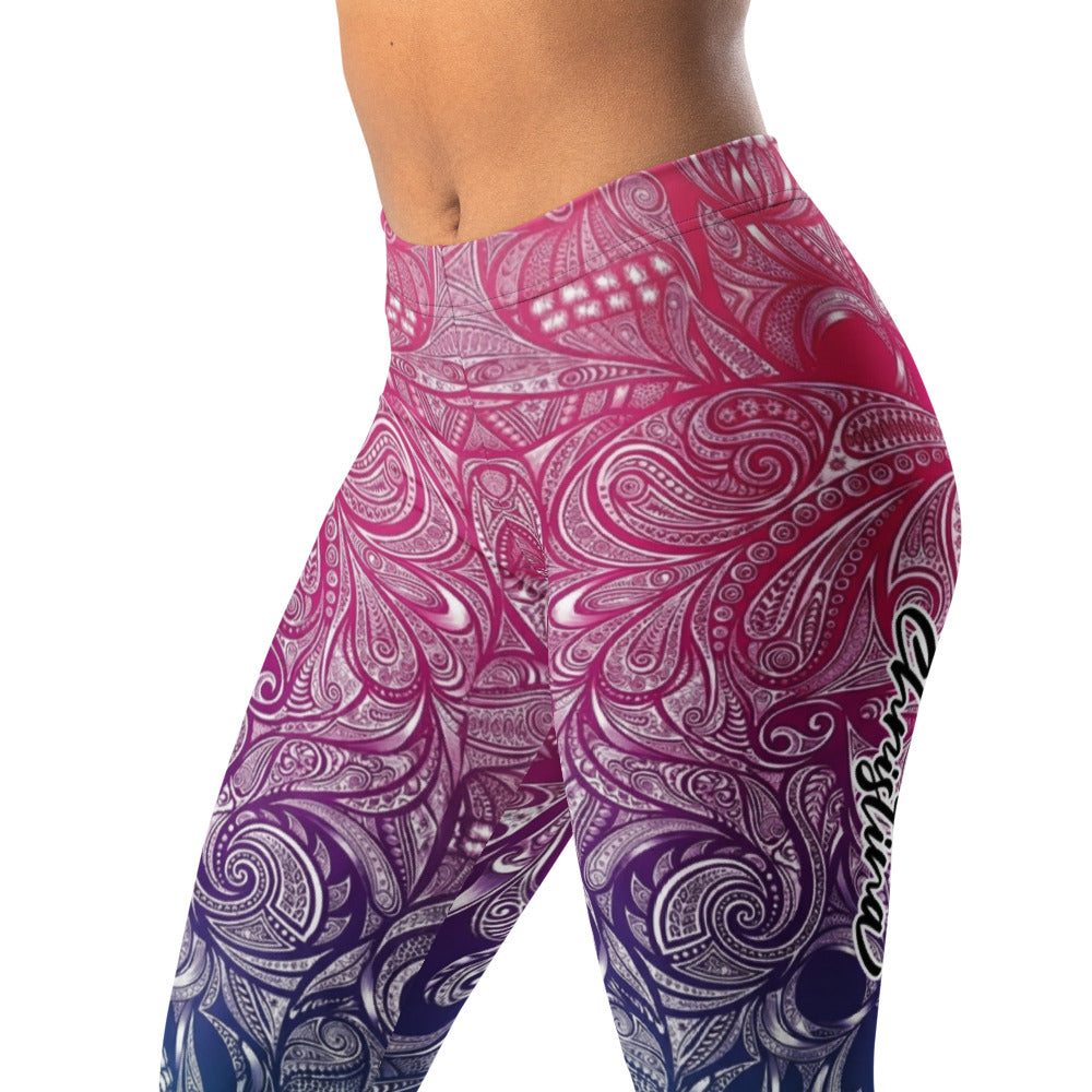 Personalisierte Damen Sportleggings Mandala Totenkopf Design Farbverlauf Pink Türkis Fitness Leggings F131