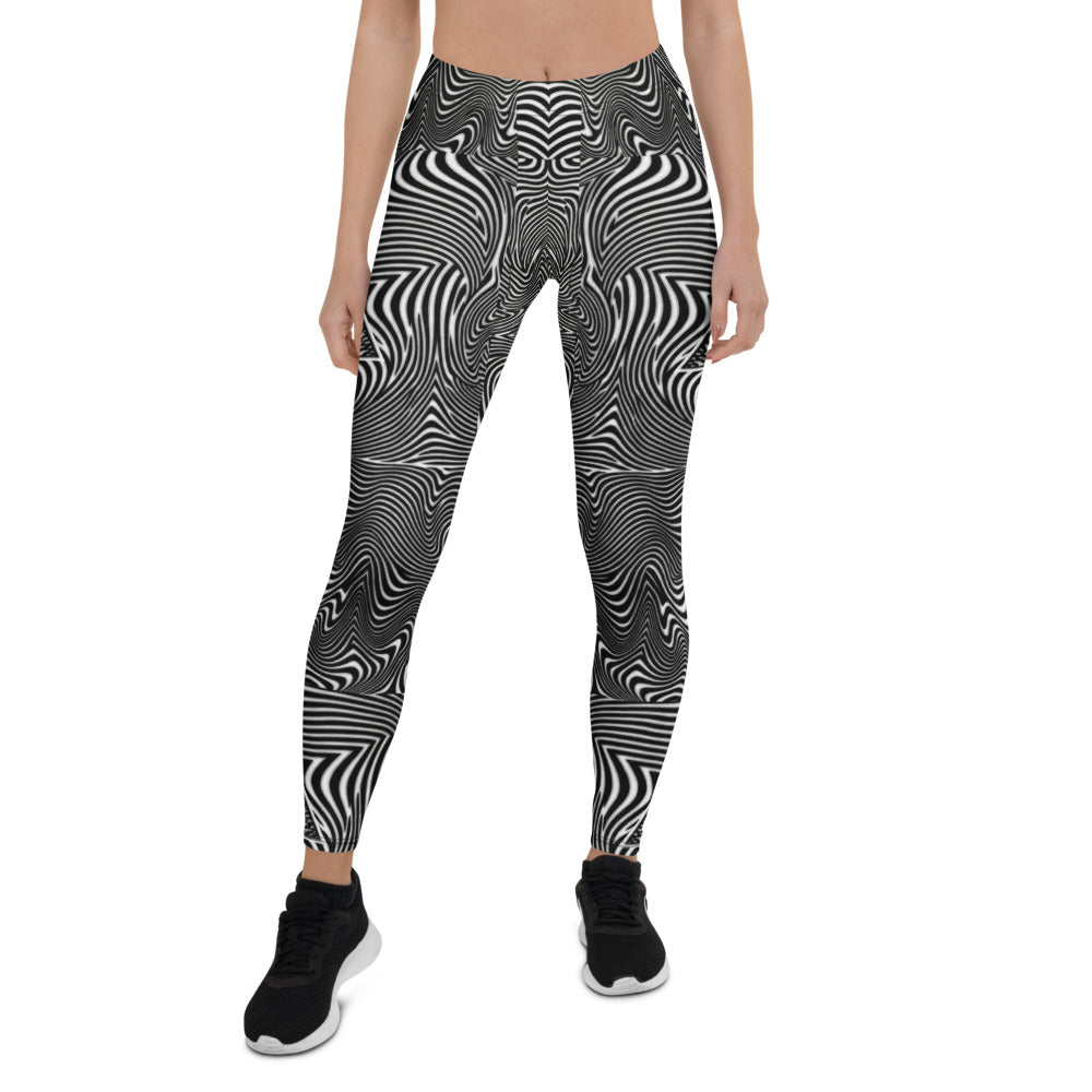 Personalisierte Damen Sportleggings Schwarz Weiß Abstrakt Wellenmuster Optische Täuschung Fitness Yoga Leggings H440
