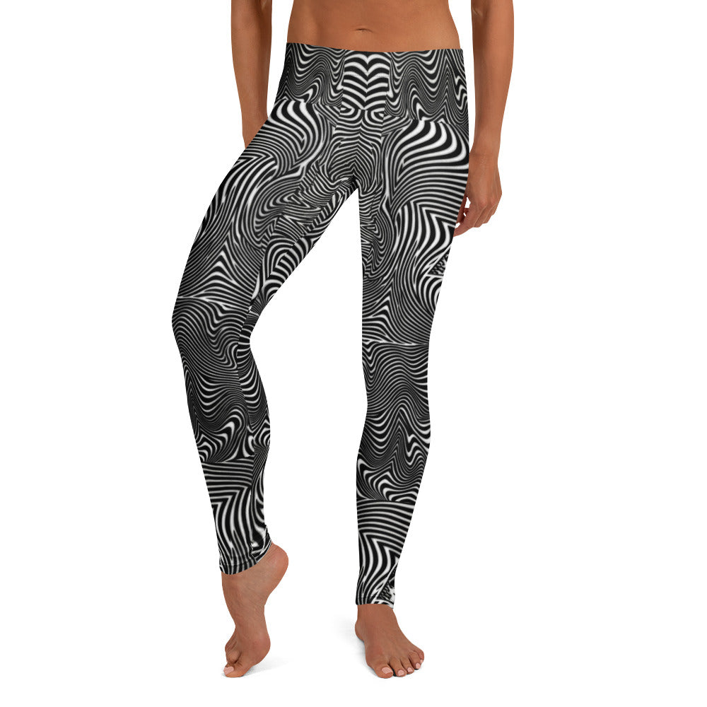 Personalisierte Damen Sportleggings Schwarz Weiß Abstrakt Wellenmuster Optische Täuschung Fitness Yoga Leggings H440