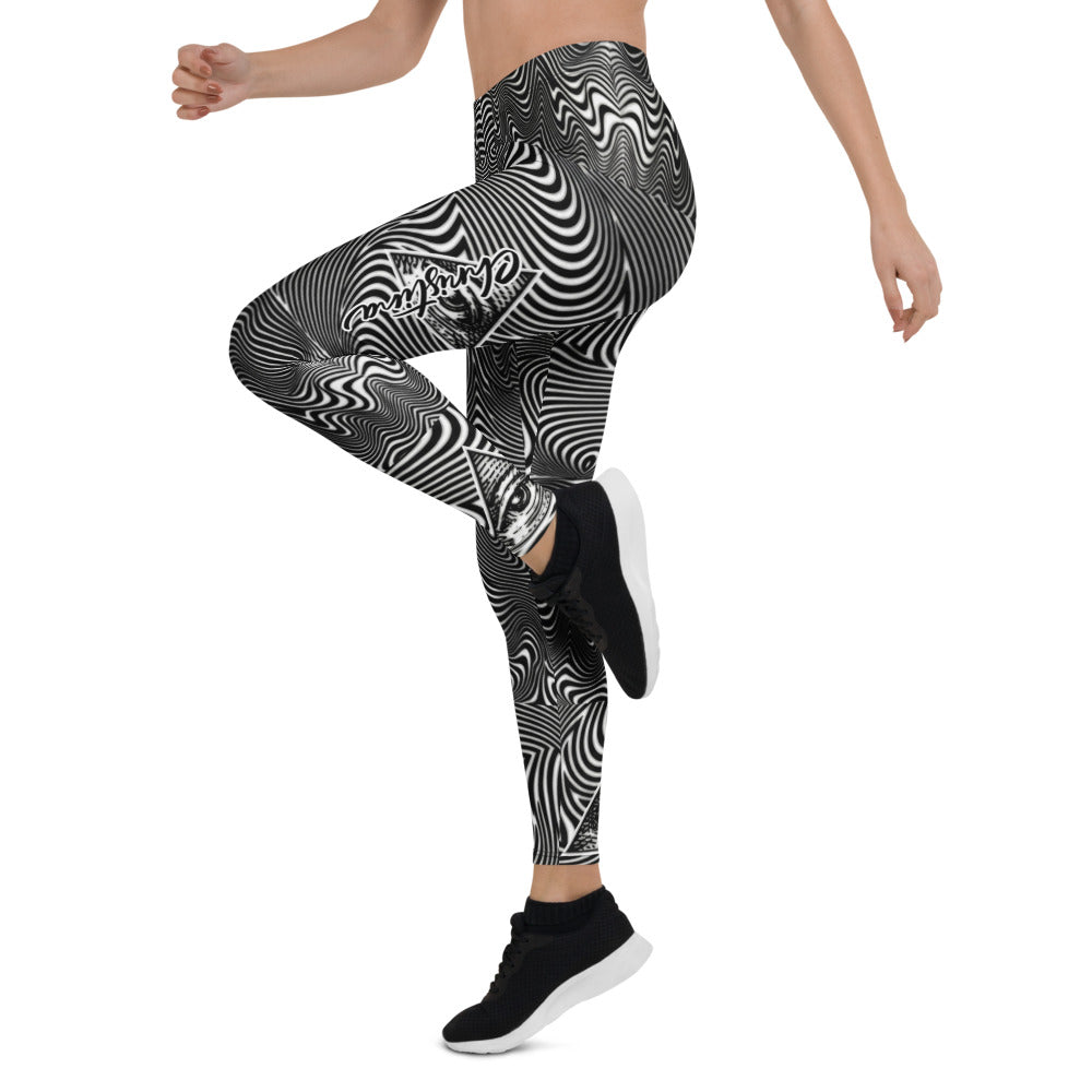 Personalisierte Damen Sportleggings Schwarz Weiß Abstrakt Wellenmuster Optische Täuschung Fitness Yoga Leggings H440