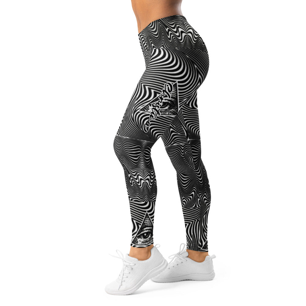 Personalisierte Damen Sportleggings Schwarz Weiß Abstrakt Wellenmuster Optische Täuschung Fitness Yoga Leggings H440
