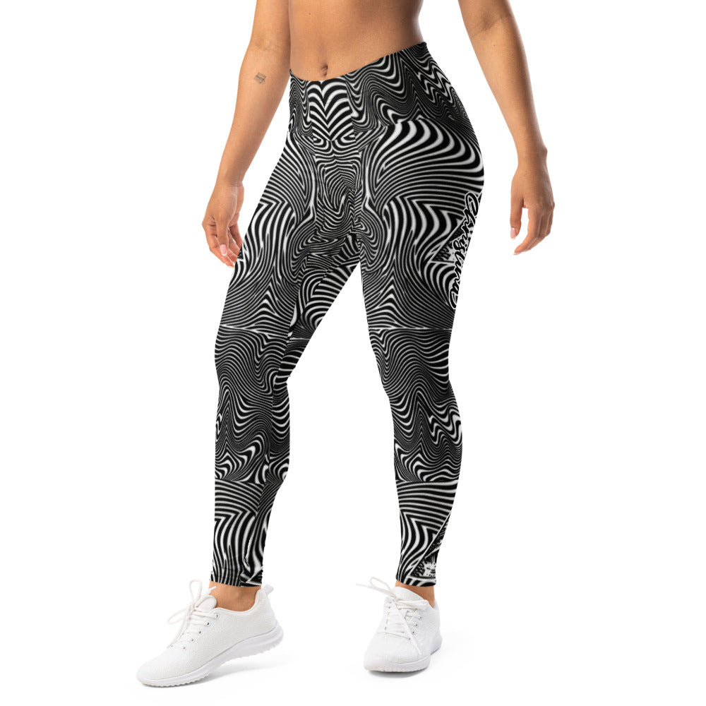 Personalisierte Damen Sportleggings Schwarz Weiß Abstrakt Wellenmuster Optische Täuschung Fitness Yoga Leggings H440