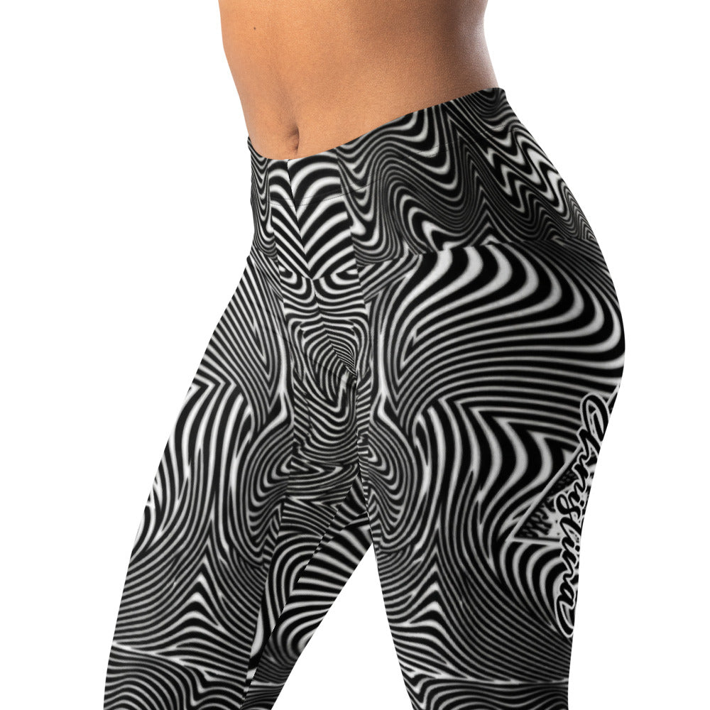 Personalisierte Damen Sportleggings Schwarz Weiß Abstrakt Wellenmuster Optische Täuschung Fitness Yoga Leggings H440