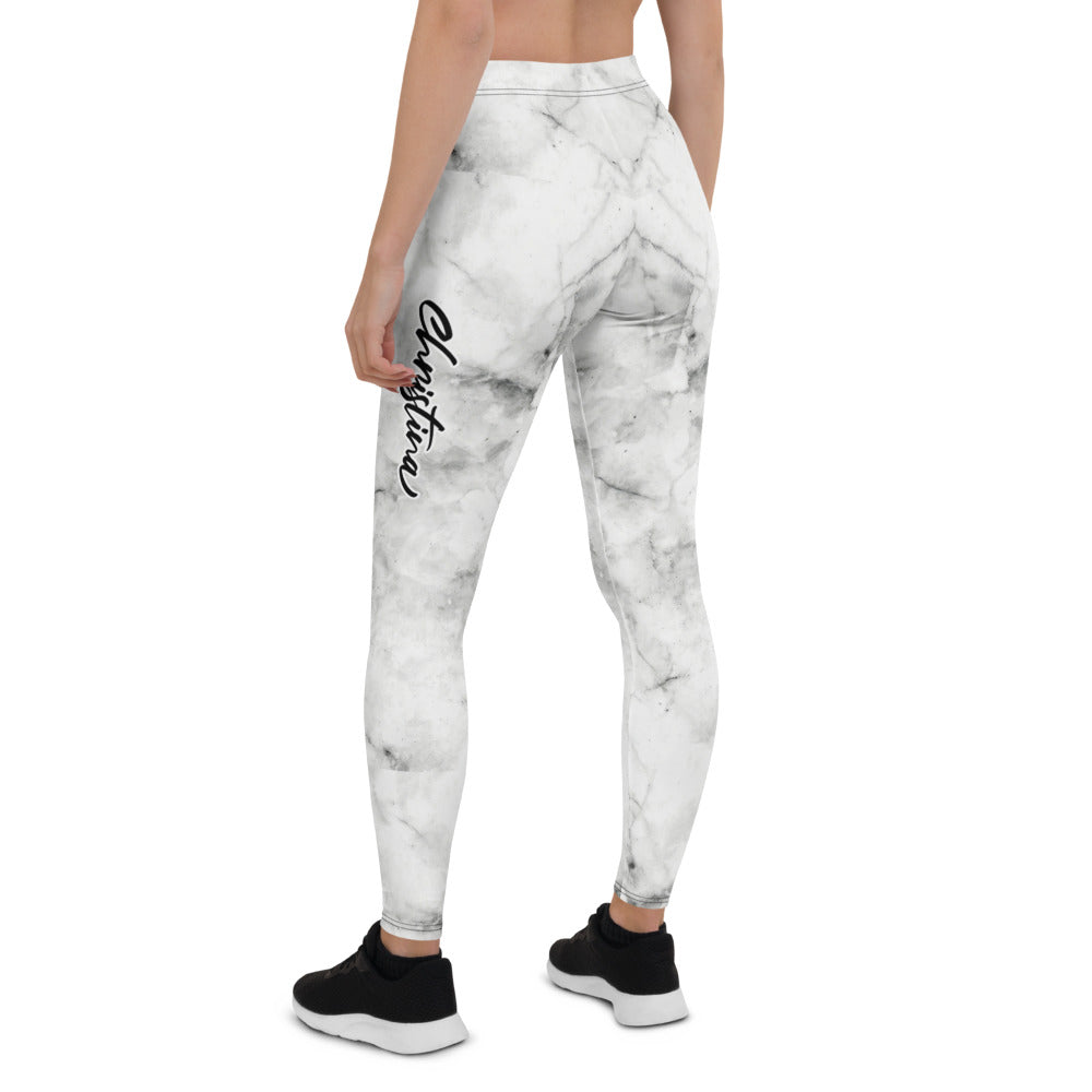 Personalisierte Damen Sportleggings Marmor-Optik Weiß Grau Fitness Leggings Yoga Hose I299