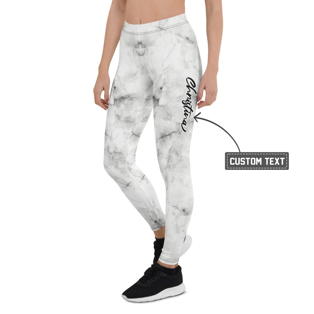 Personalisierte Damen Sportleggings Marmor-Optik Weiß Grau Fitness Leggings Yoga Hose I299 - XL
