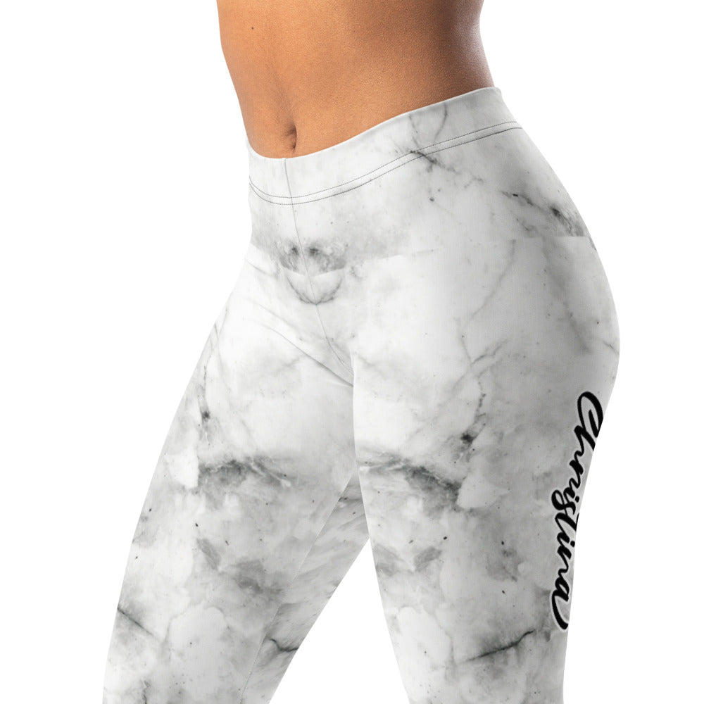 Personalisierte Damen Sportleggings Marmor-Optik Weiß Grau Fitness Leggings Yoga Hose I299