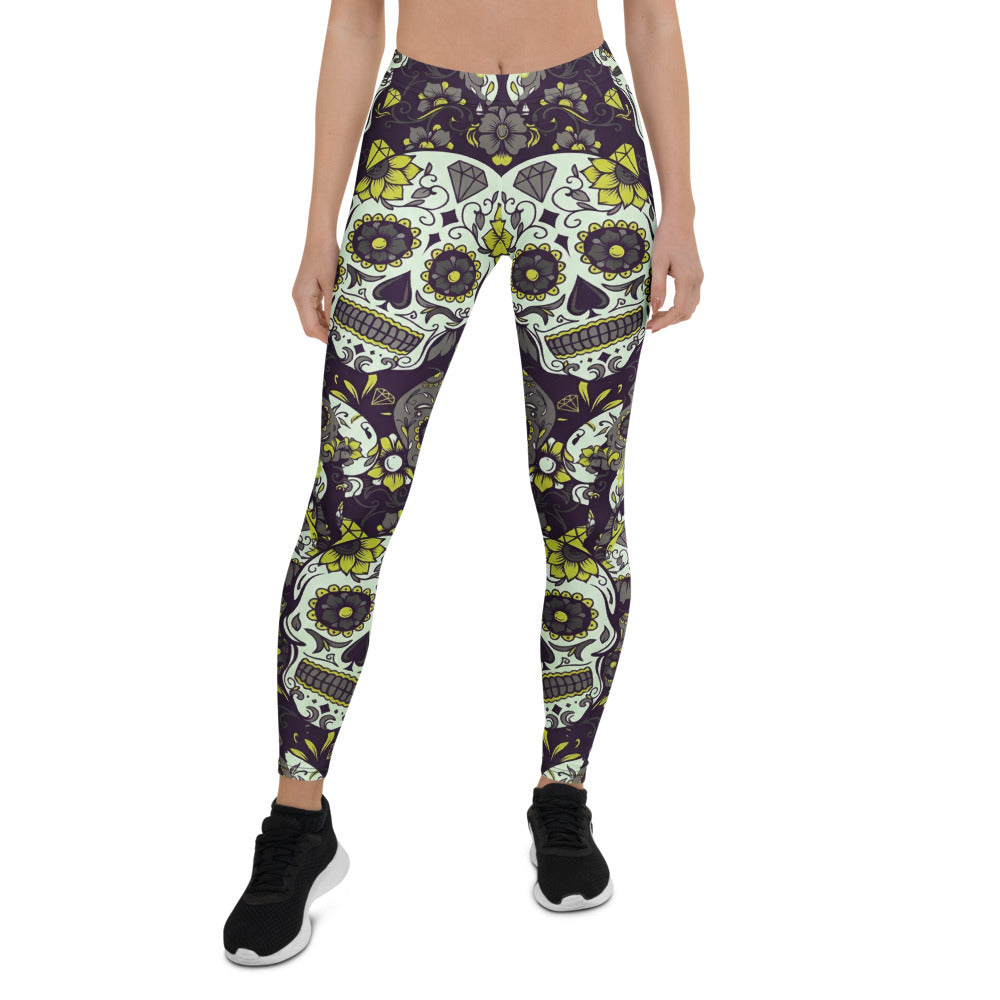 Personalisierte Sportleggings Damen Totenkopf Sugar Skull Design Schwarz Grün Fitness Leggings V815