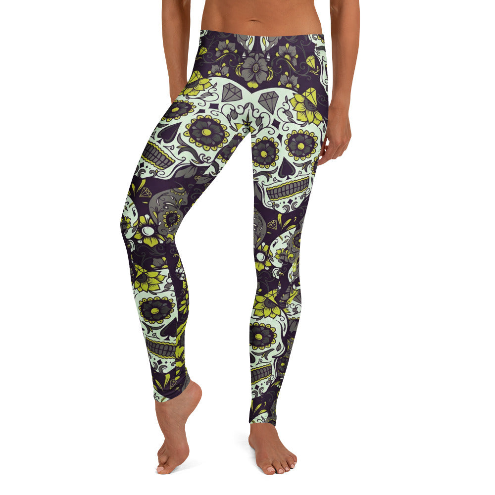 Personalisierte Sportleggings Damen Totenkopf Sugar Skull Design Schwarz Grün Fitness Leggings V815