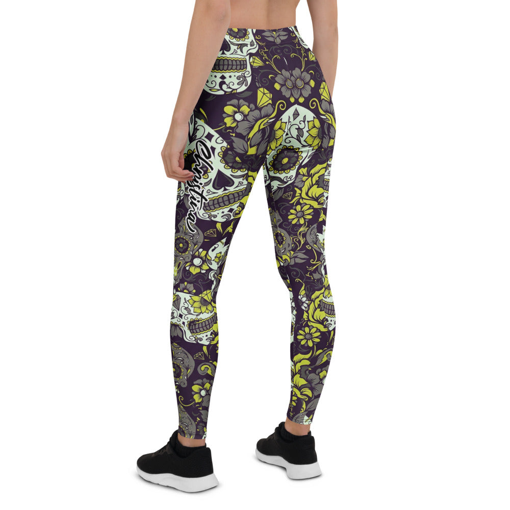 Personalisierte Sportleggings Damen Totenkopf Sugar Skull Design Schwarz Grün Fitness Leggings V815