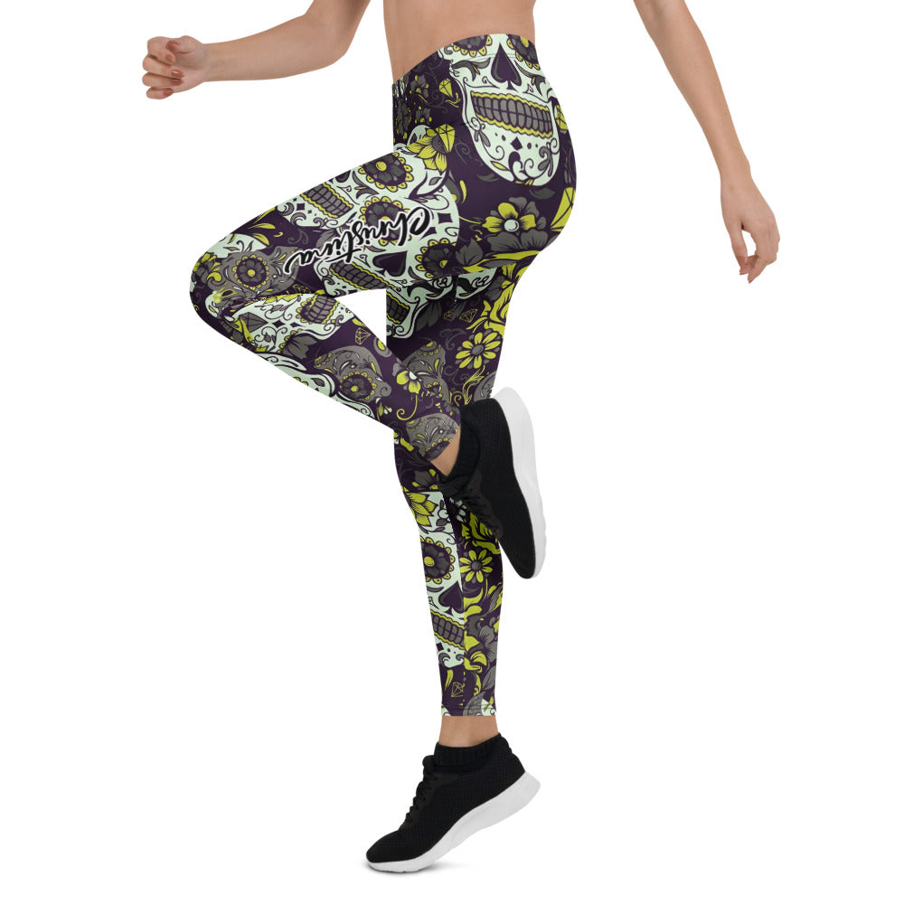 Personalisierte Sportleggings Damen Totenkopf Sugar Skull Design Schwarz Grün Fitness Leggings V815