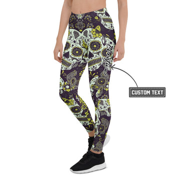Personalisierte Sportleggings Damen Totenkopf Sugar Skull Design Schwarz Grün Fitness Leggings V815 - XL