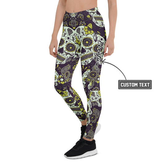 Personalisierte Sportleggings Damen Totenkopf Sugar Skull Design Schwarz Grün Fitness Leggings V815 - XL