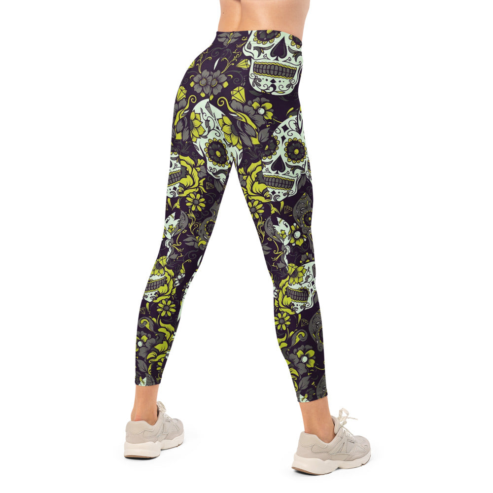 Personalisierte Sportleggings Damen Totenkopf Sugar Skull Design Schwarz Grün Fitness Leggings V815