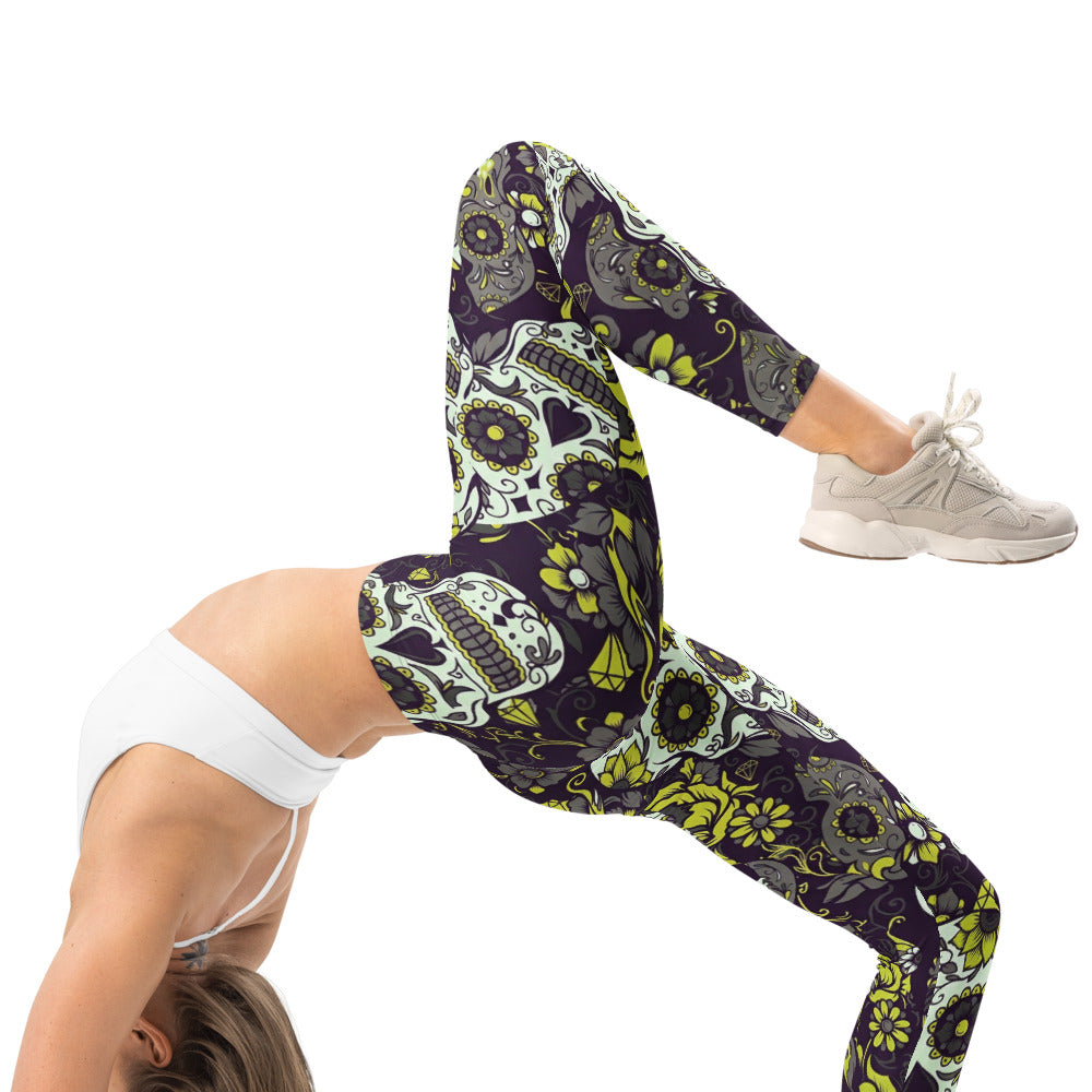 Personalisierte Sportleggings Damen Totenkopf Sugar Skull Design Schwarz Grün Fitness Leggings V815