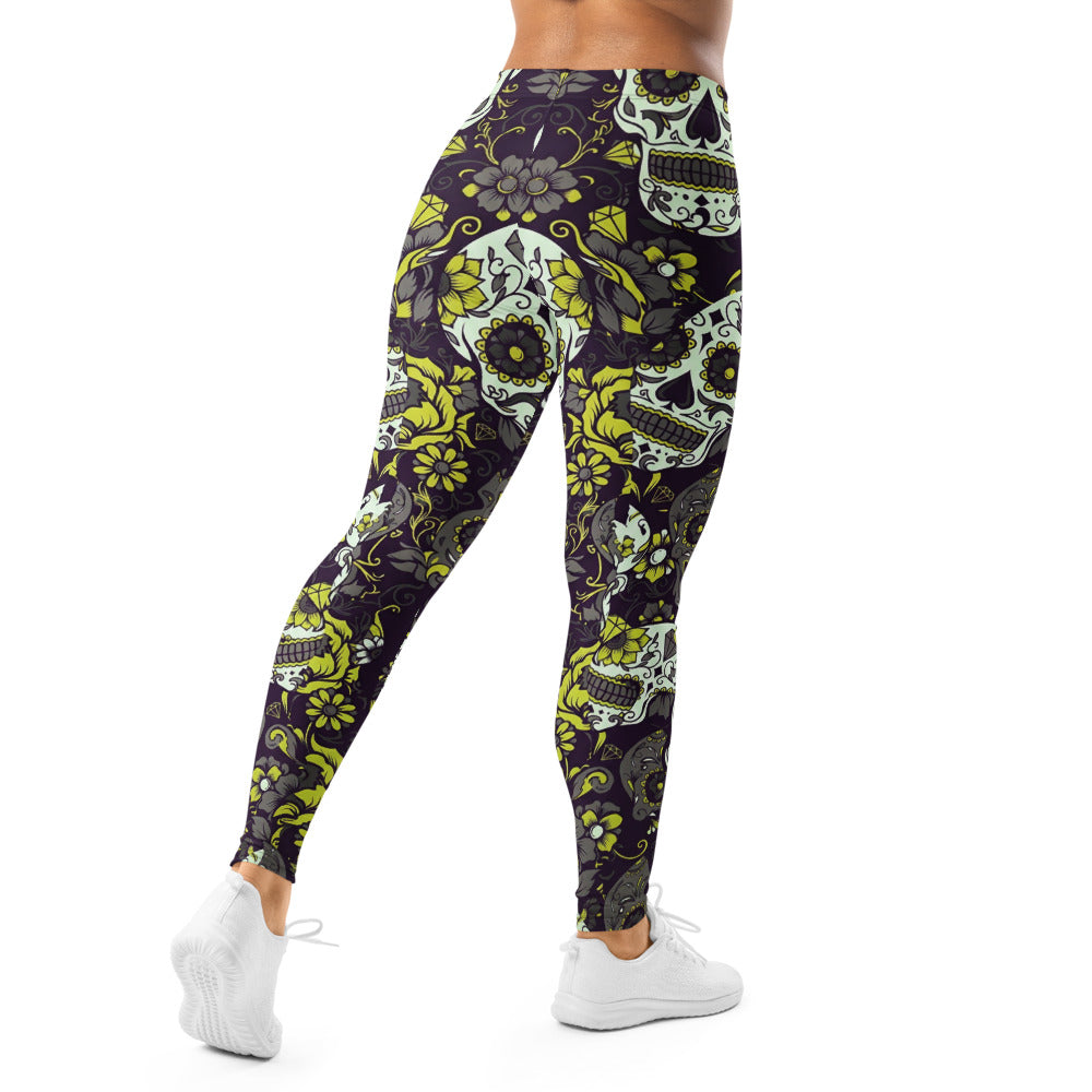 Personalisierte Sportleggings Damen Totenkopf Sugar Skull Design Schwarz Grün Fitness Leggings V815