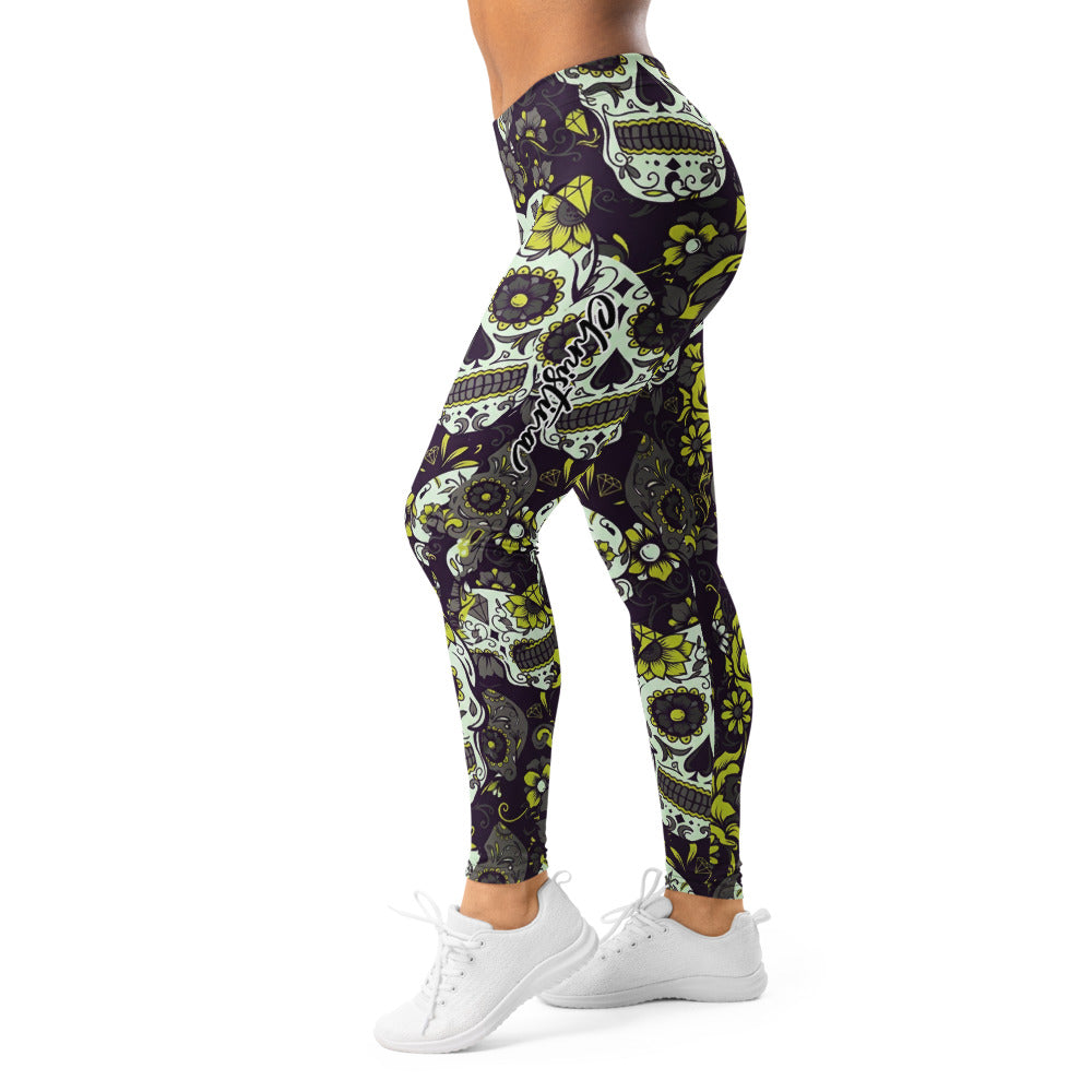 Personalisierte Sportleggings Damen Totenkopf Sugar Skull Design Schwarz Grün Fitness Leggings V815