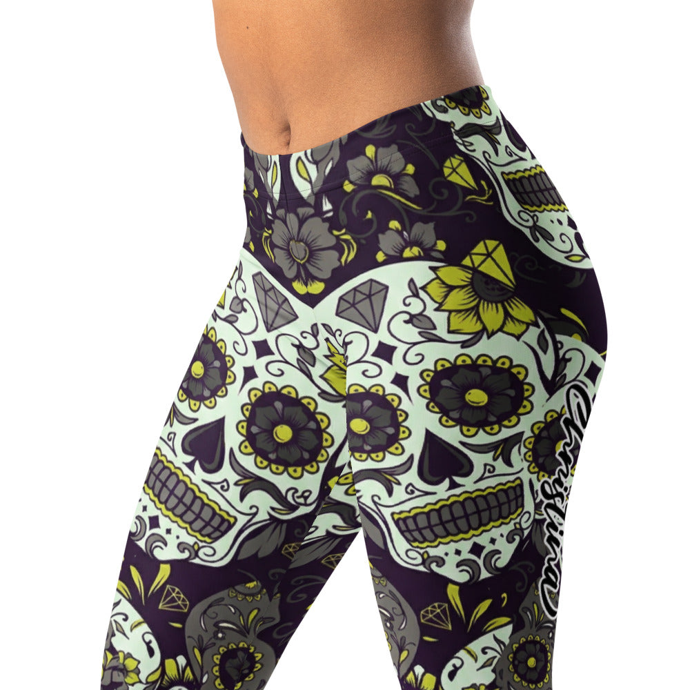 Personalisierte Sportleggings Damen Totenkopf Sugar Skull Design Schwarz Grün Fitness Leggings V815