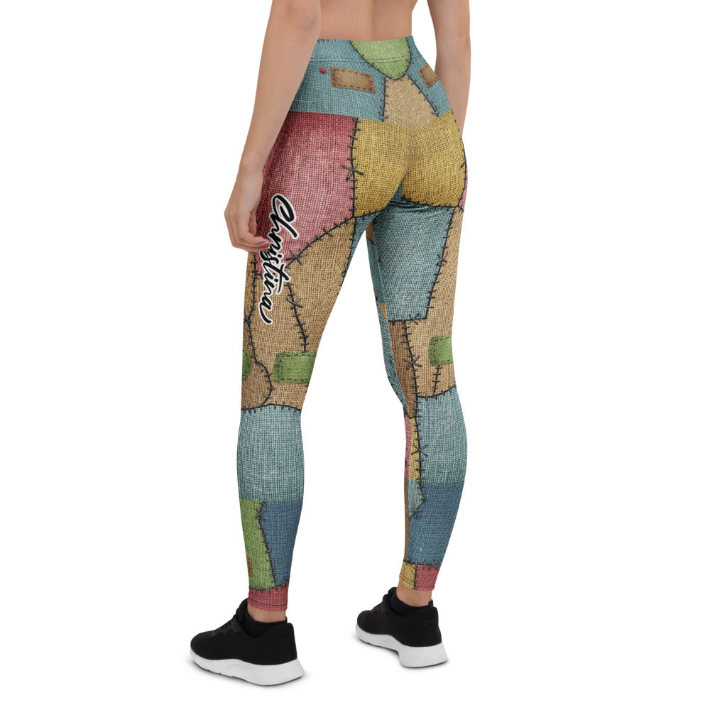 Personalisierte Sportleggings Damen Patchwork Design Bunt Fitness Leggings Ragdoll Optik Yoga Hose P346