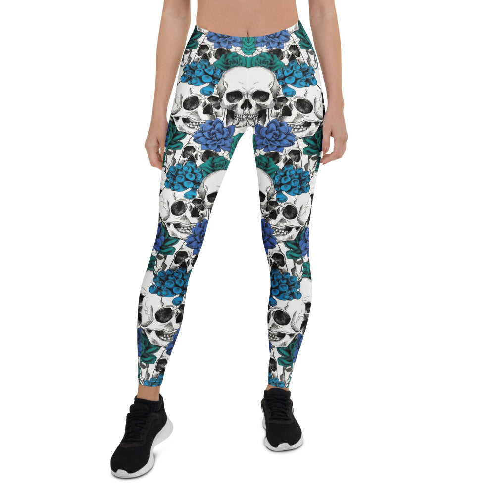 Personalisierte Sportleggings Damen Totenkopf & Blaue Rosen Design Fitnesshose Weiß Blau H700