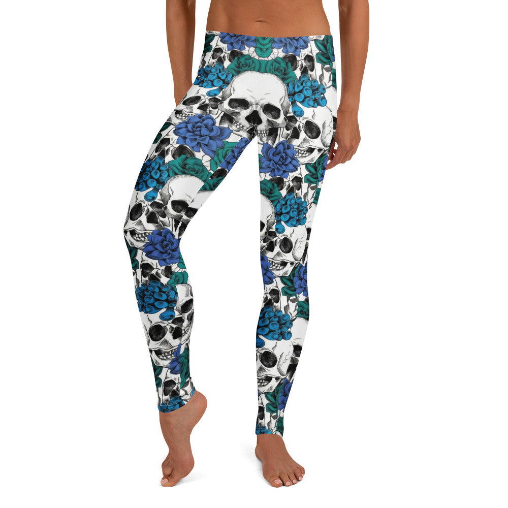 Personalisierte Sportleggings Damen Totenkopf & Blaue Rosen Design Fitnesshose Weiß Blau H700