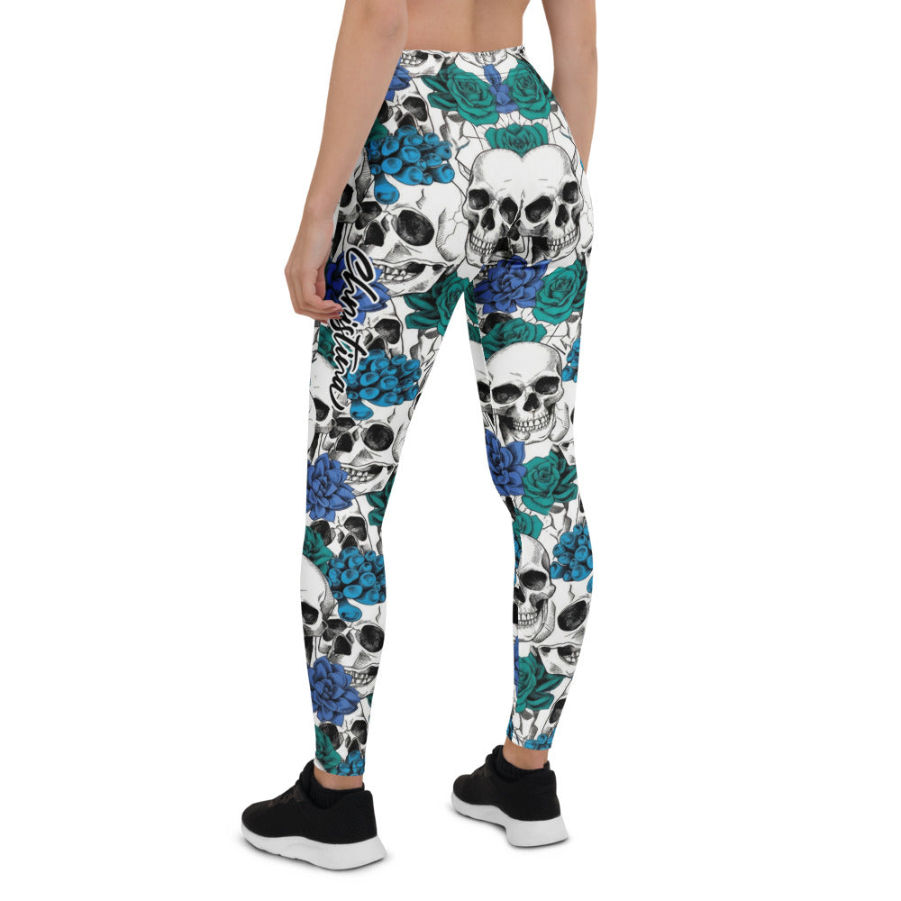 Personalisierte Sportleggings Damen Totenkopf & Blaue Rosen Design Fitnesshose Weiß Blau H700