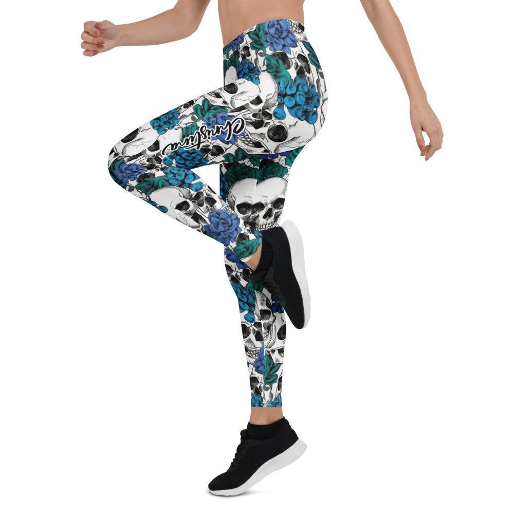 Personalisierte Sportleggings Damen Totenkopf & Blaue Rosen Design Fitnesshose Weiß Blau H700