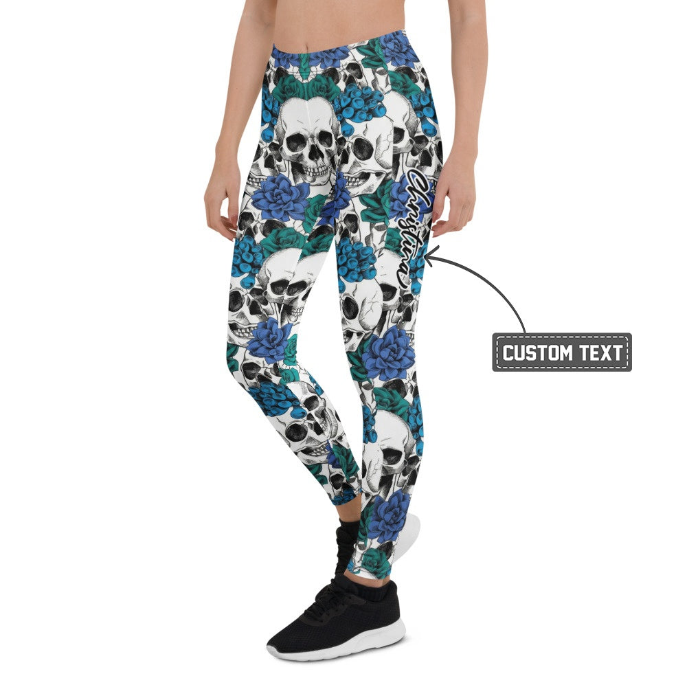 Personalisierte Sportleggings Damen Totenkopf & Blaue Rosen Design Fitnesshose Weiß Blau H700 - XL