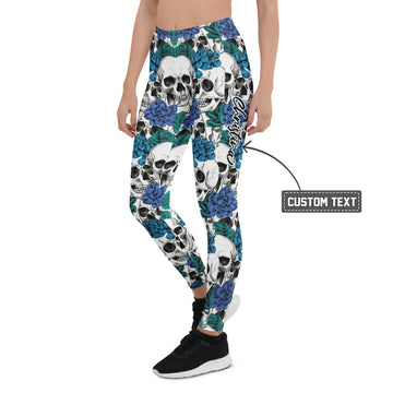 Personalisierte Sportleggings Damen Totenkopf & Blaue Rosen Design Fitnesshose Weiß Blau H700 - XL