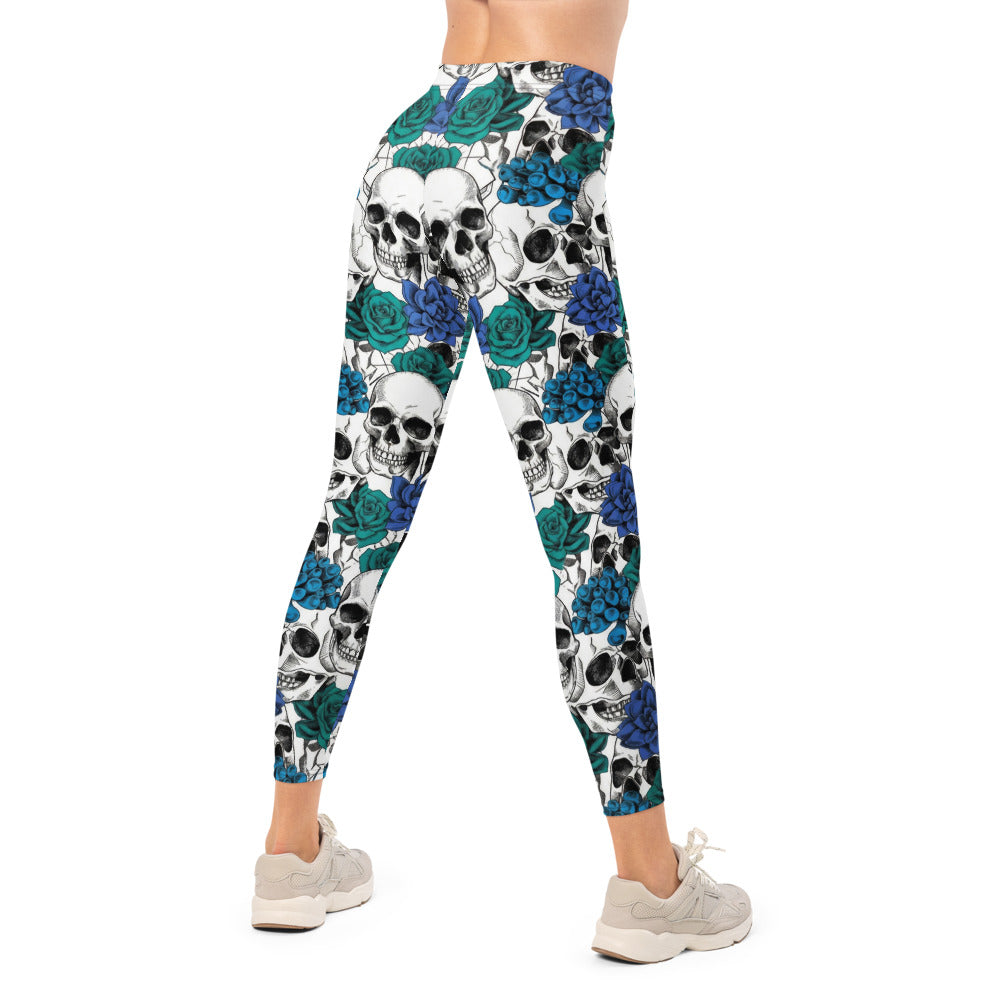 Personalisierte Sportleggings Damen Totenkopf & Blaue Rosen Design Fitnesshose Weiß Blau H700