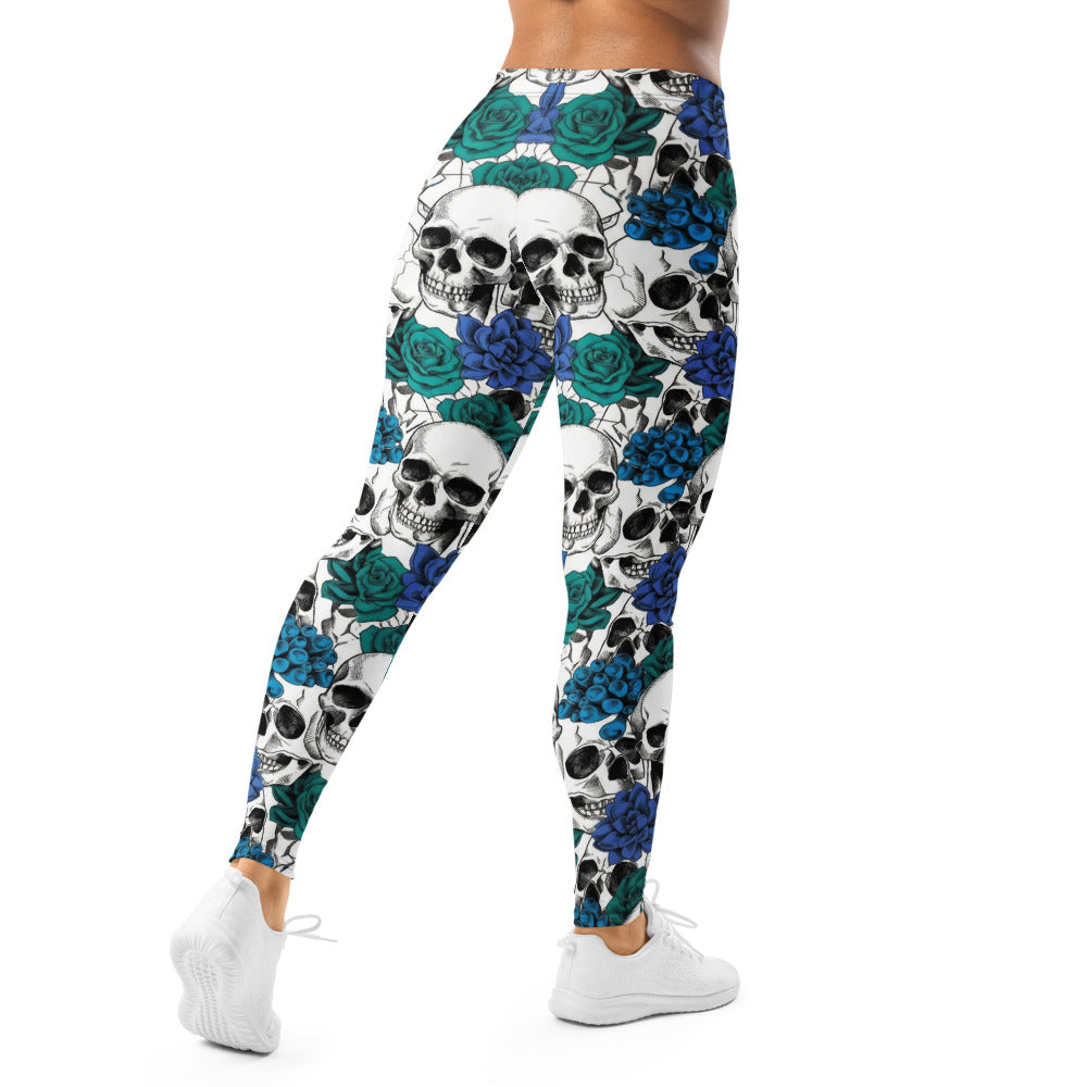 Personalisierte Sportleggings Damen Totenkopf & Blaue Rosen Design Fitnesshose Weiß Blau H700