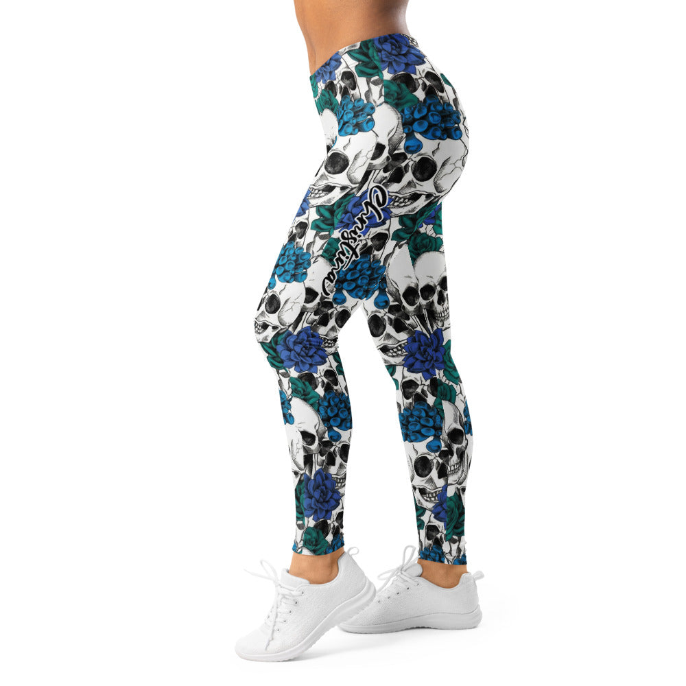 Personalisierte Sportleggings Damen Totenkopf & Blaue Rosen Design Fitnesshose Weiß Blau H700
