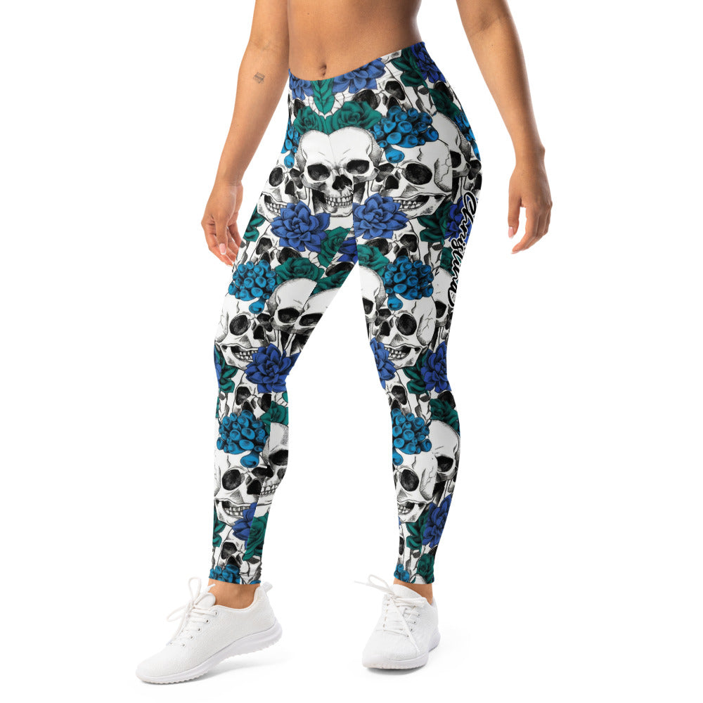 Personalisierte Sportleggings Damen Totenkopf & Blaue Rosen Design Fitnesshose Weiß Blau H700