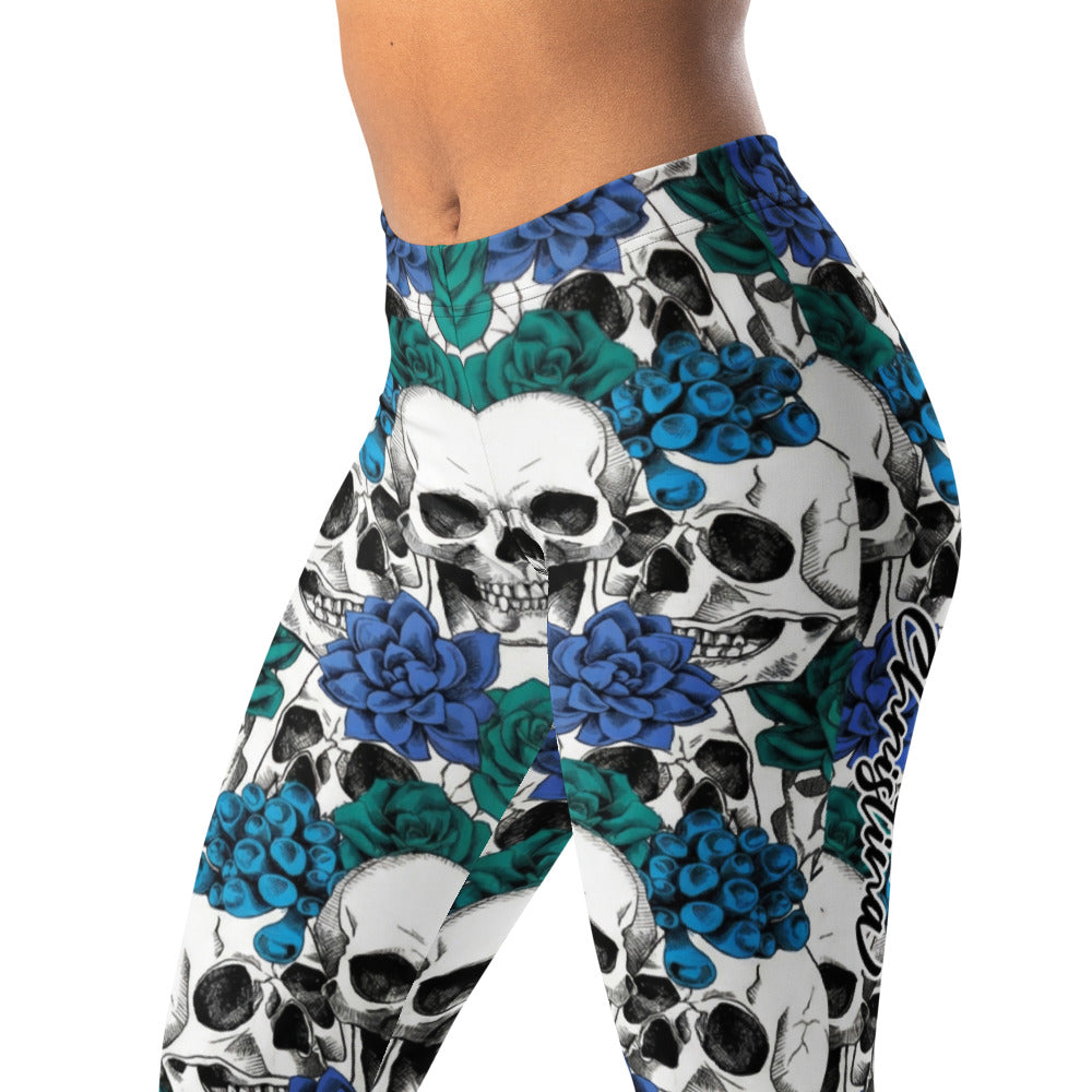 Personalisierte Sportleggings Damen Totenkopf & Blaue Rosen Design Fitnesshose Weiß Blau H700