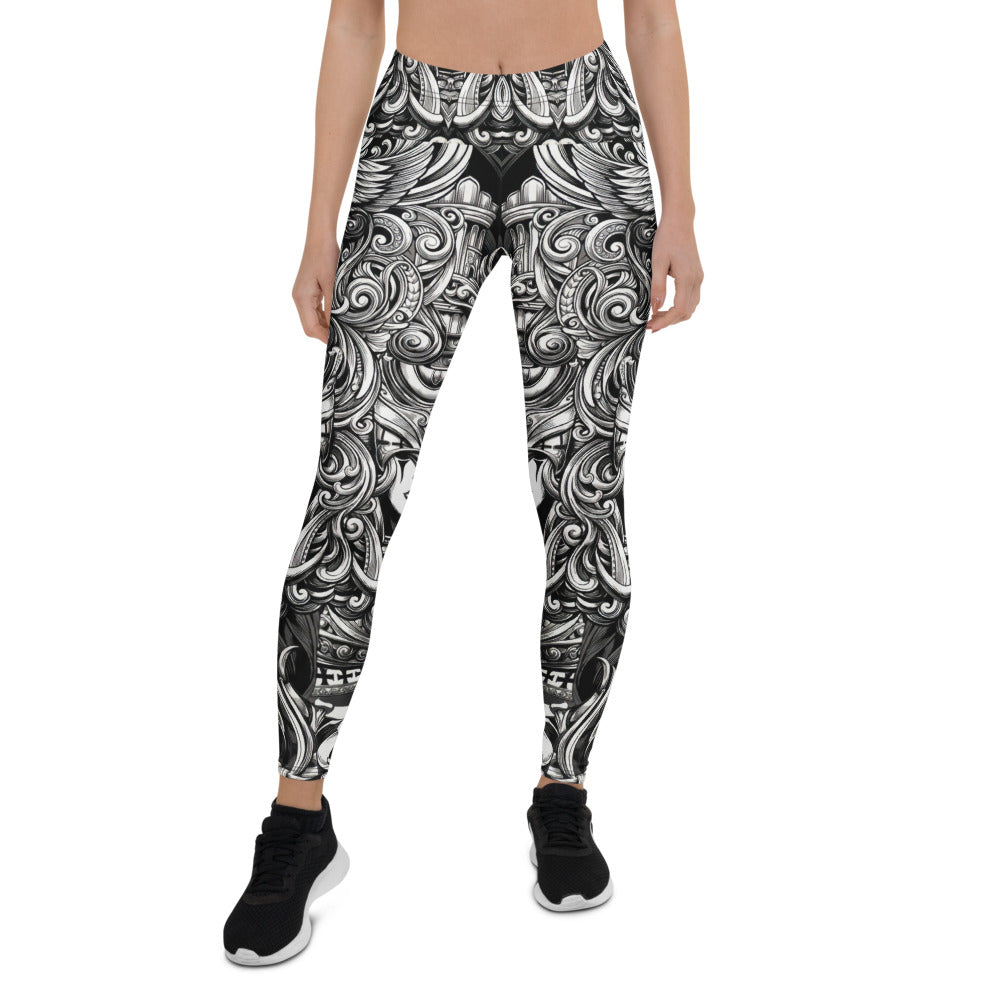 Personalisierte Damen Sportleggings Barock Ornament Muster Schwarz Weiß Fitness Yoga Leggings W446