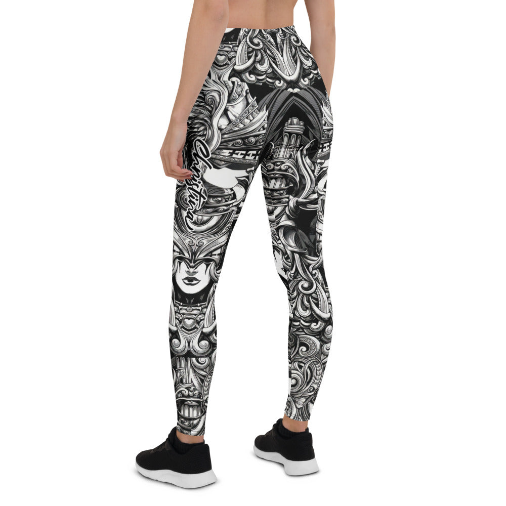Personalisierte Damen Sportleggings Barock Ornament Muster Schwarz Weiß Fitness Yoga Leggings W446