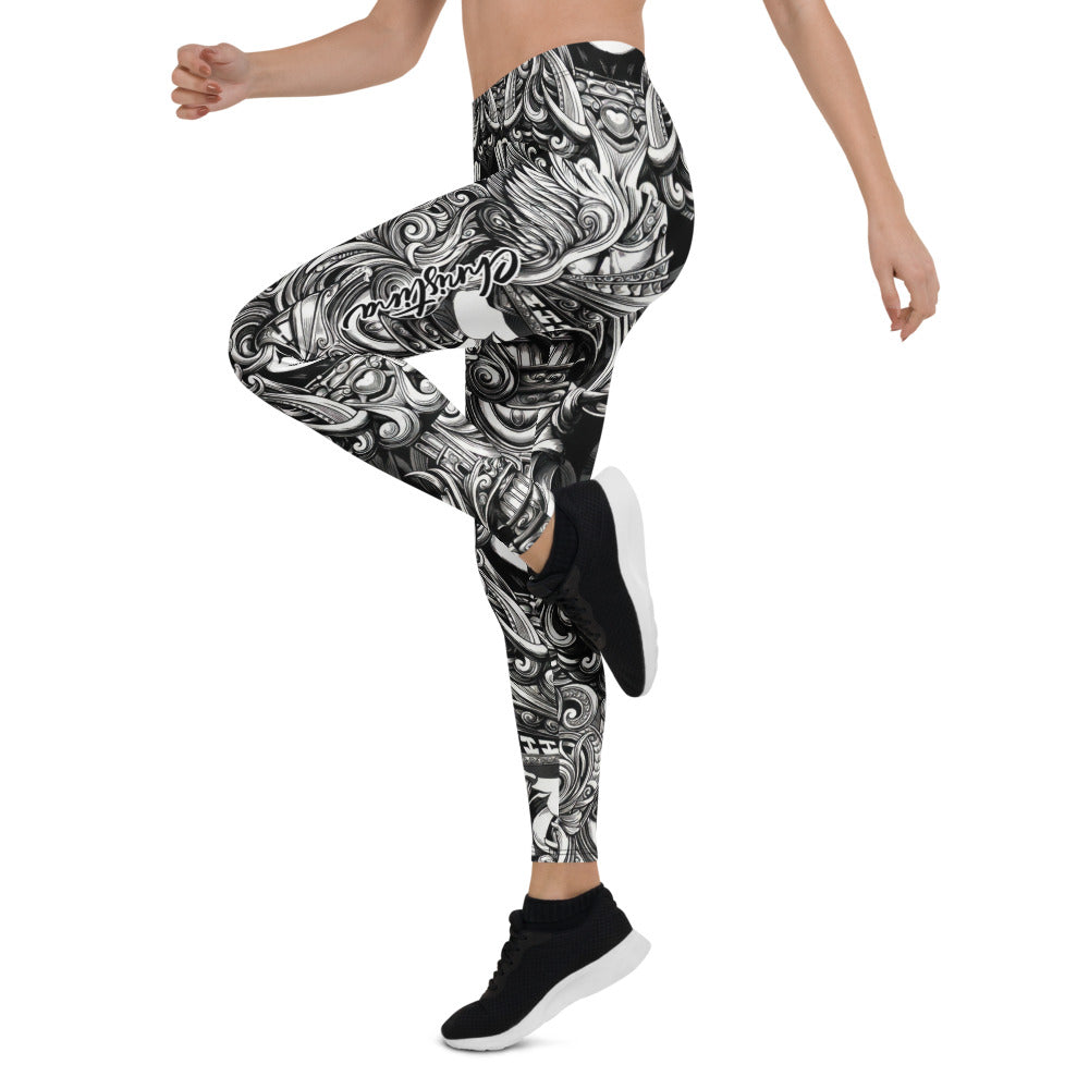 Personalisierte Damen Sportleggings Barock Ornament Muster Schwarz Weiß Fitness Yoga Leggings W446