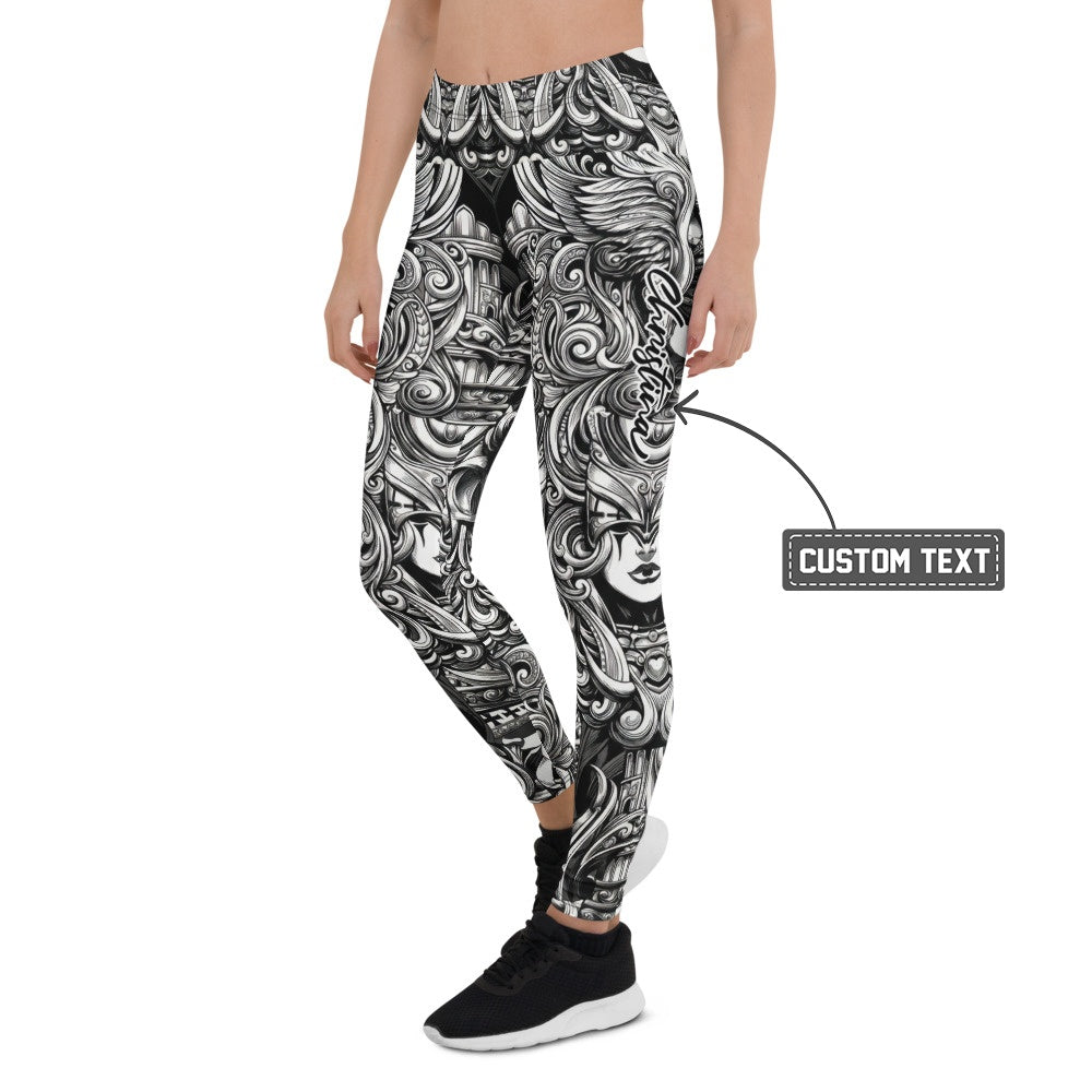 Personalisierte Damen Sportleggings Barock Ornament Muster Schwarz Weiß Fitness Yoga Leggings W446 - XL