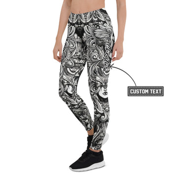 Personalisierte Damen Sportleggings Barock Ornament Muster Schwarz Weiß Fitness Yoga Leggings W446 - XL
