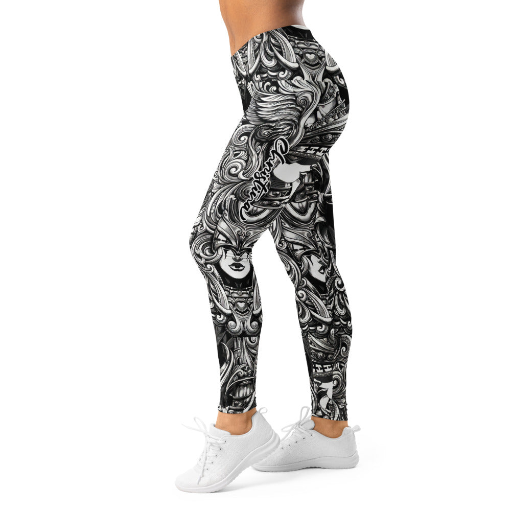 Personalisierte Damen Sportleggings Barock Ornament Muster Schwarz Weiß Fitness Yoga Leggings W446