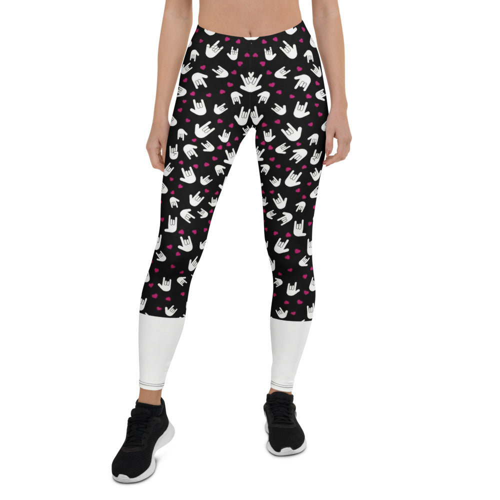 Personalisierte Damen Sportleggings Handzeichen Muster Schwarz Weiß Pinke Herzen Fitness Leggings M663