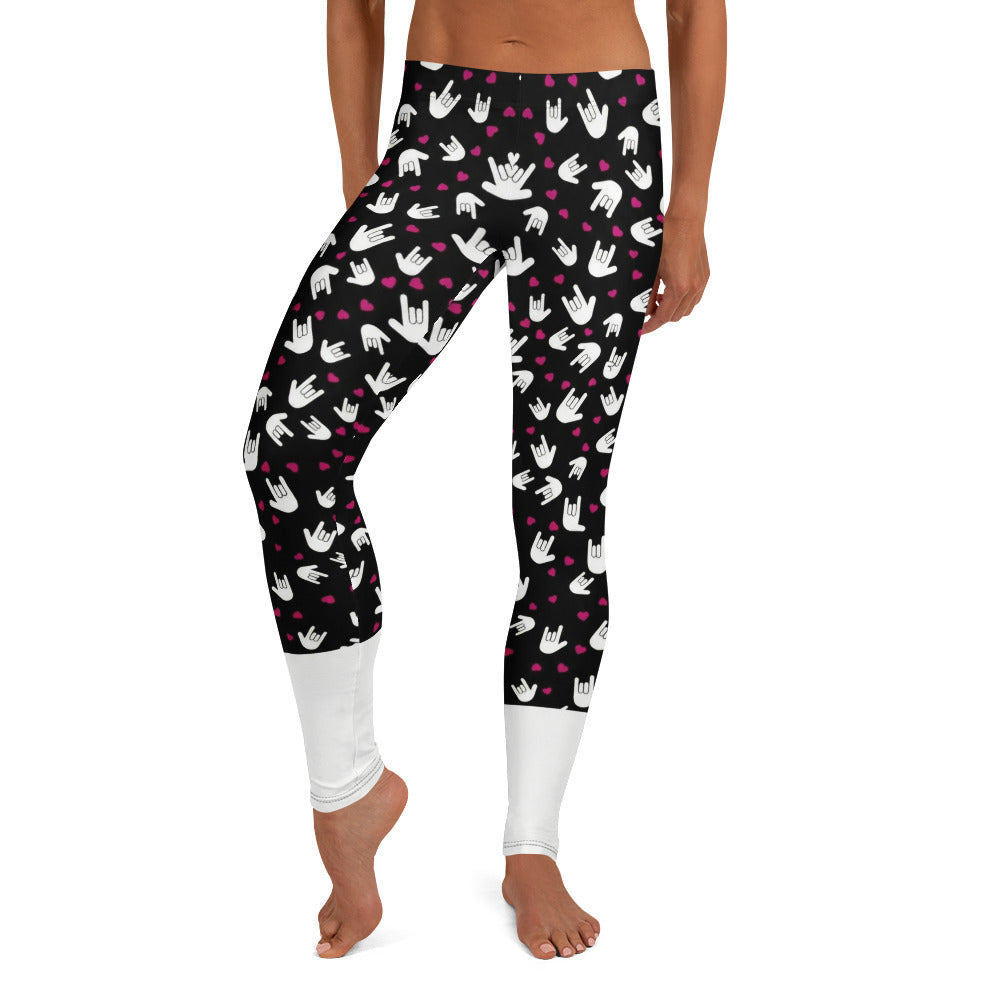 Personalisierte Damen Sportleggings Handzeichen Muster Schwarz Weiß Pinke Herzen Fitness Leggings M663
