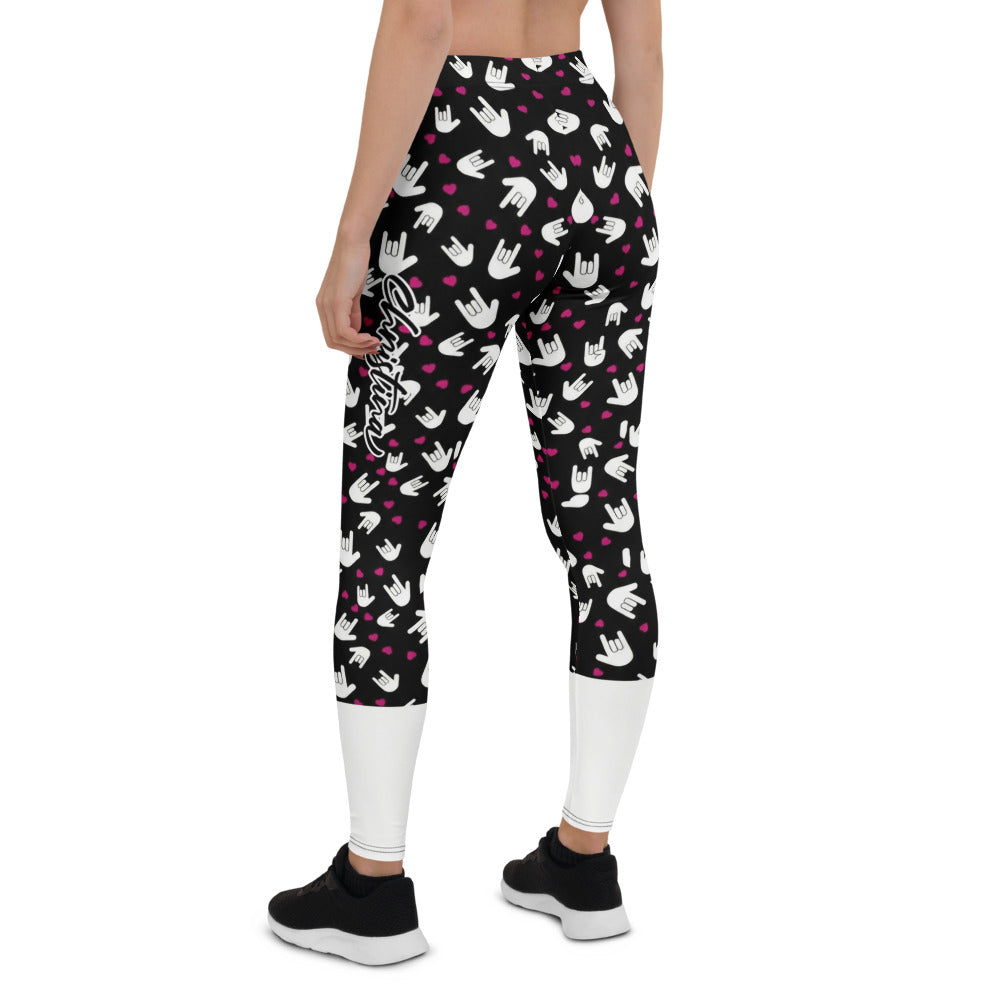 Personalisierte Damen Sportleggings Handzeichen Muster Schwarz Weiß Pinke Herzen Fitness Leggings M663
