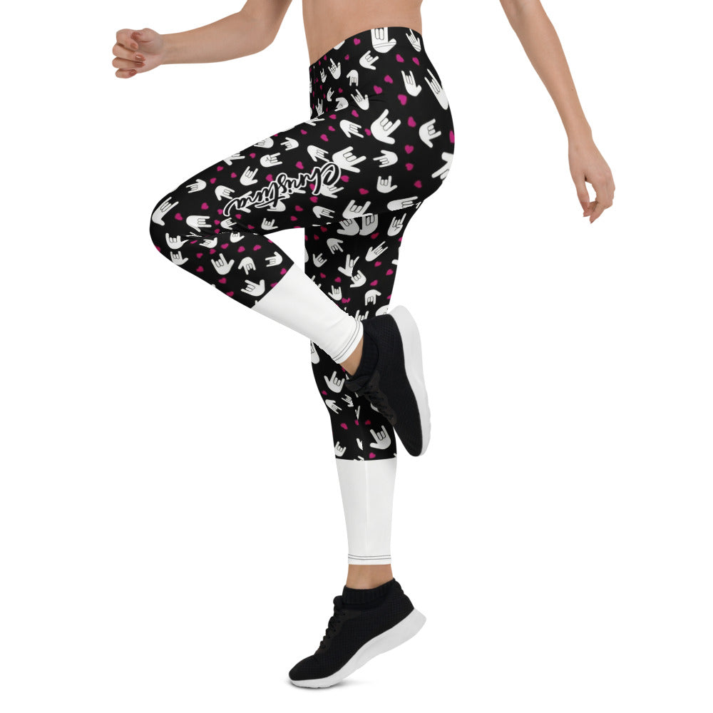 Personalisierte Damen Sportleggings Handzeichen Muster Schwarz Weiß Pinke Herzen Fitness Leggings M663